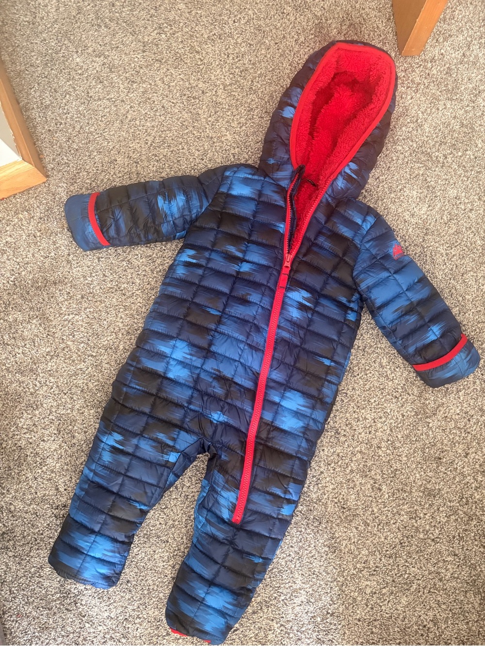 Snozu Blue and Red Toddler Puffer One-Piece Winter Coat